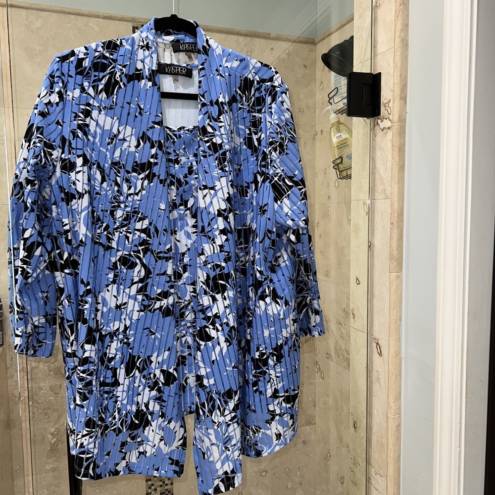 Kasper Womens 1X Floral Jacket and Tank Set Blue Black White 2 Piece Lightweight